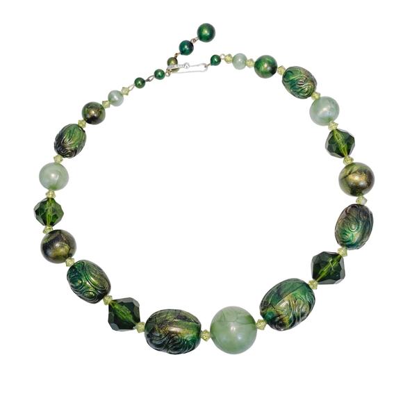 Vintage German Necklace, MCM Green Plastic Beads, Gold Shimmer, Marbled, Faceted - Picture 1 of 8